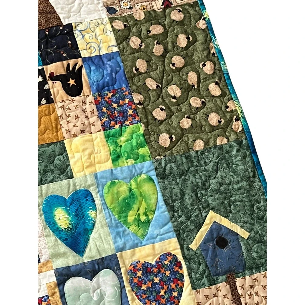 Handmade Folk Art Sampler Quilt Throw 61x50 Appliqué Cottage Country